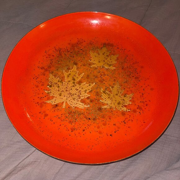 Curtis Jere Vintage MCM Art Bowl Artisan House Enamel Copper Maple Leaf Large - Picture 6 of 10
